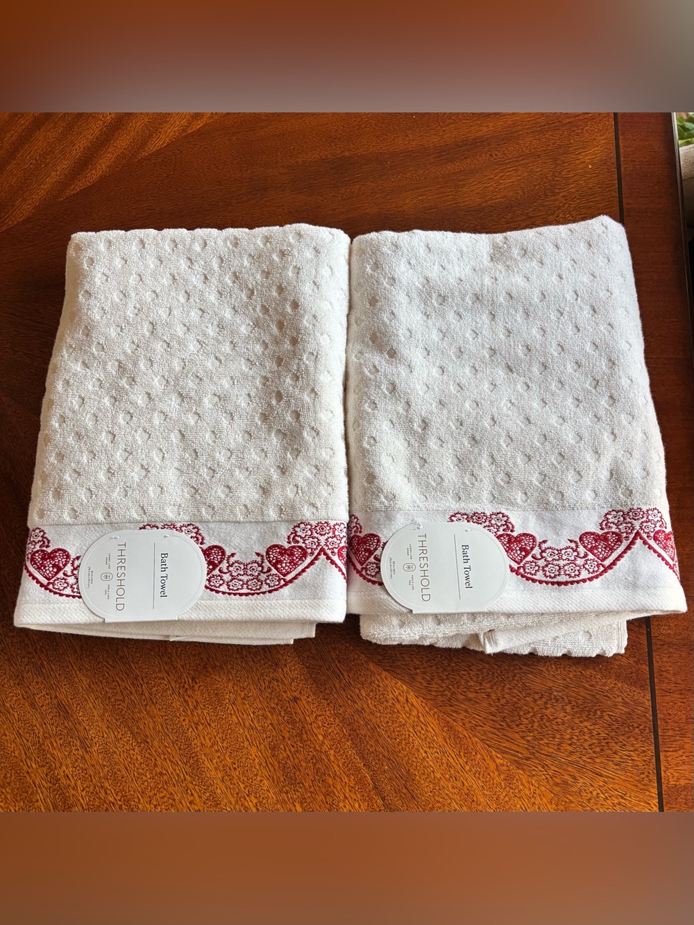 Threshold Bath Towels with Red Heart Lace Border - Set of 2